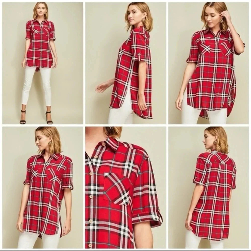 NWT entro Boutique tunic Plaid top tan button 1/2 sleeve business casual